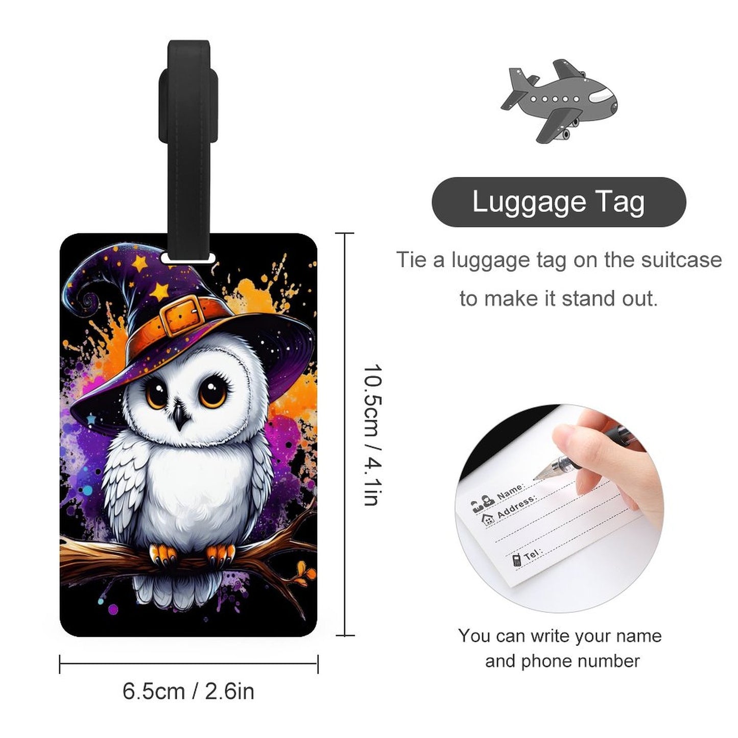 Full-Printed Owl Luggage Tag with Black Hanging Loop