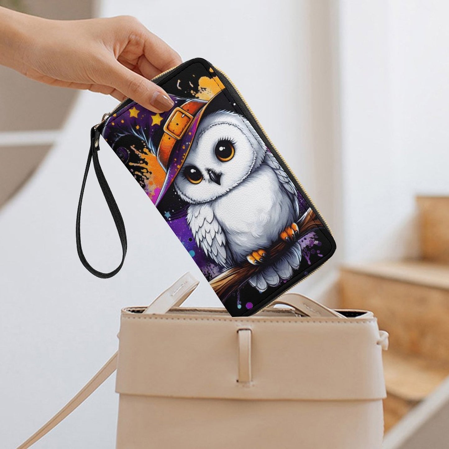 Owl Leather Wallet with Wristlet Strap (2 Pictures on 2 Sides)