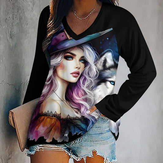 V-neck Loose Long Sleeve T-shirt TLREV2 (All-Over Printing)