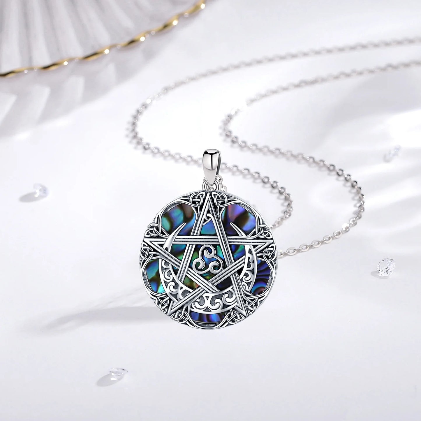 925 Sterling Silver Pentagram Moon Amulet Necklace