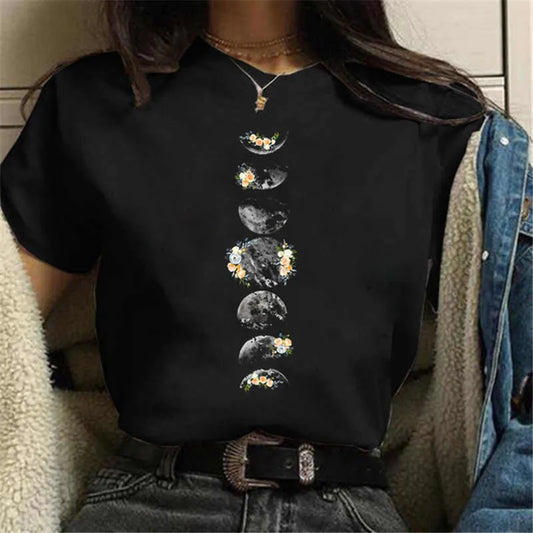 Women Casual Moon Phase Print T-shirts