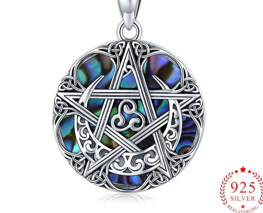 925 Sterling Silver Pentagram Moon Amulet Necklace