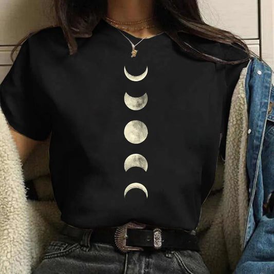 Women Casual Moon Phase Print T-shirts