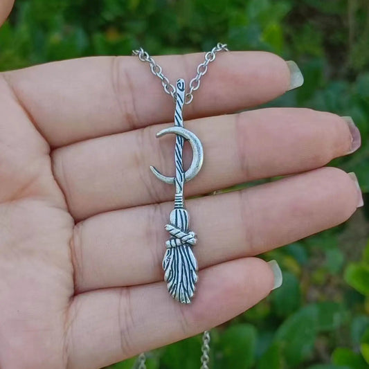 Witches Crescent Moon & Broomstick Necklace
