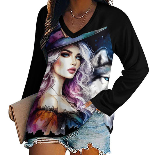 V-neck Loose Long Sleeve T-shirt TLREV2 (All-Over Printing)